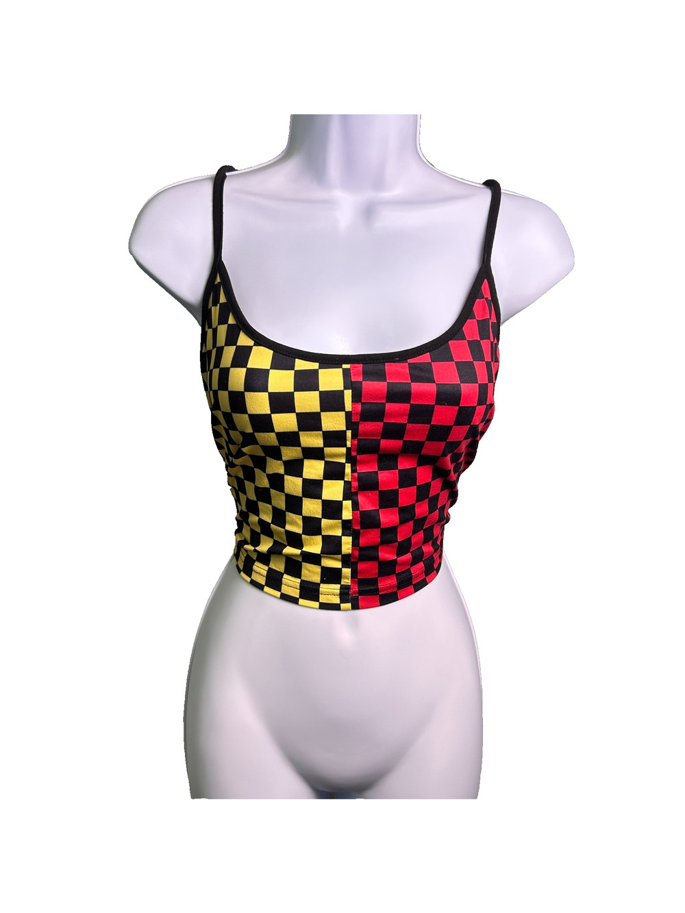 Y2K Checkerboard Colorblock Crop Top Spaghetti Strap Tank Womens 2XL Alt Grunge